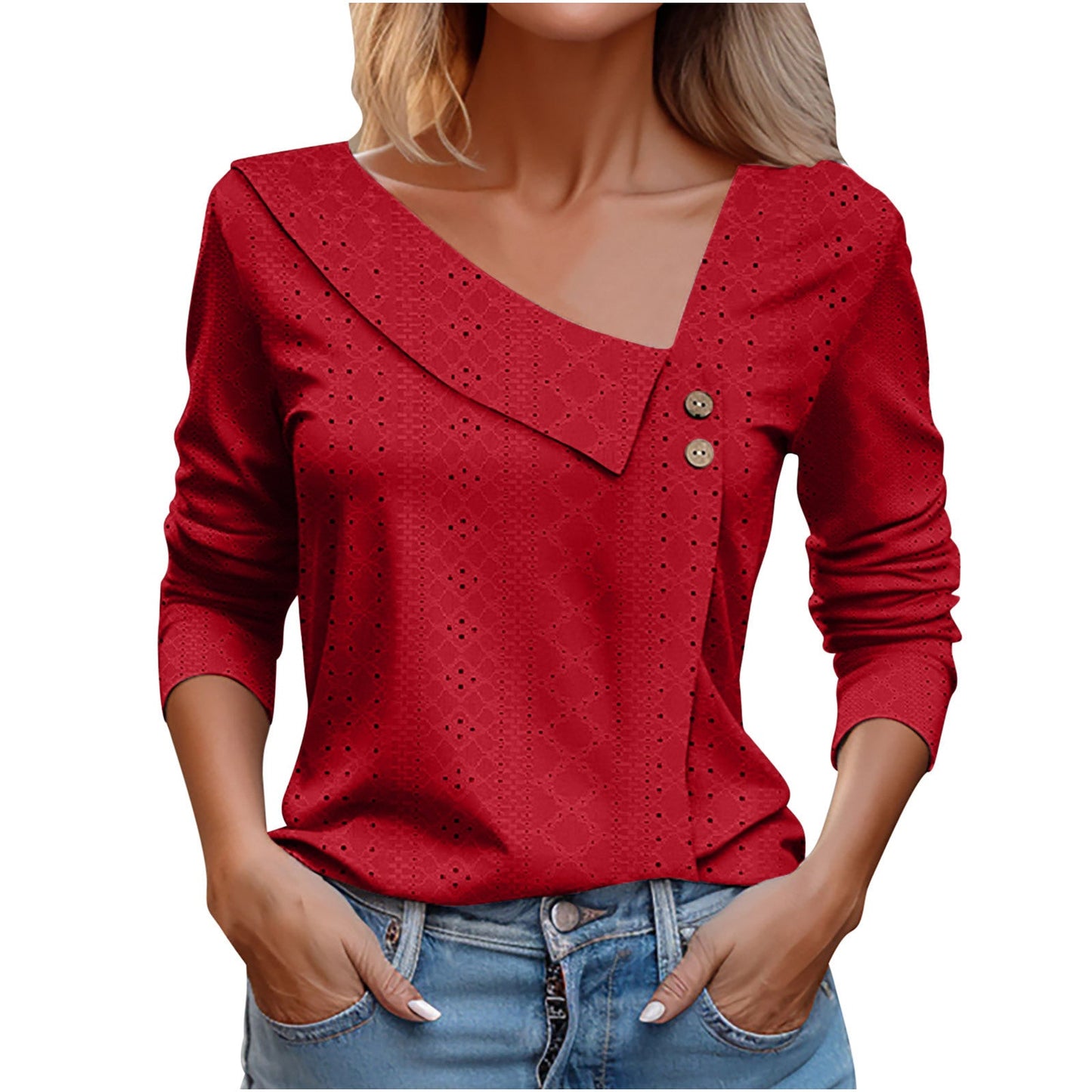 Summer New V-neck Button Long-Sleeved  Top