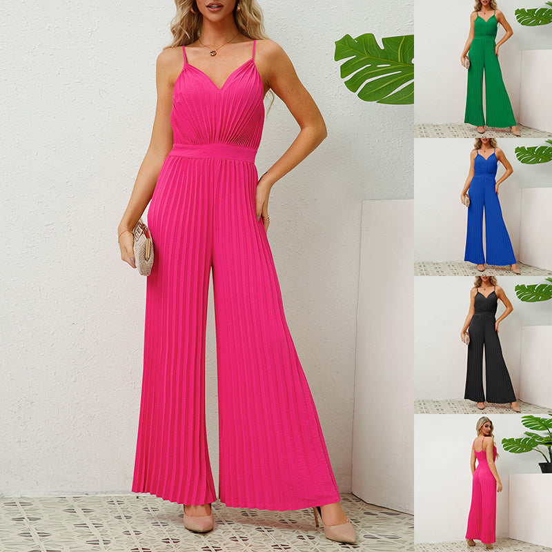 Pleated V-neck Suspender Loose Jumpsuit