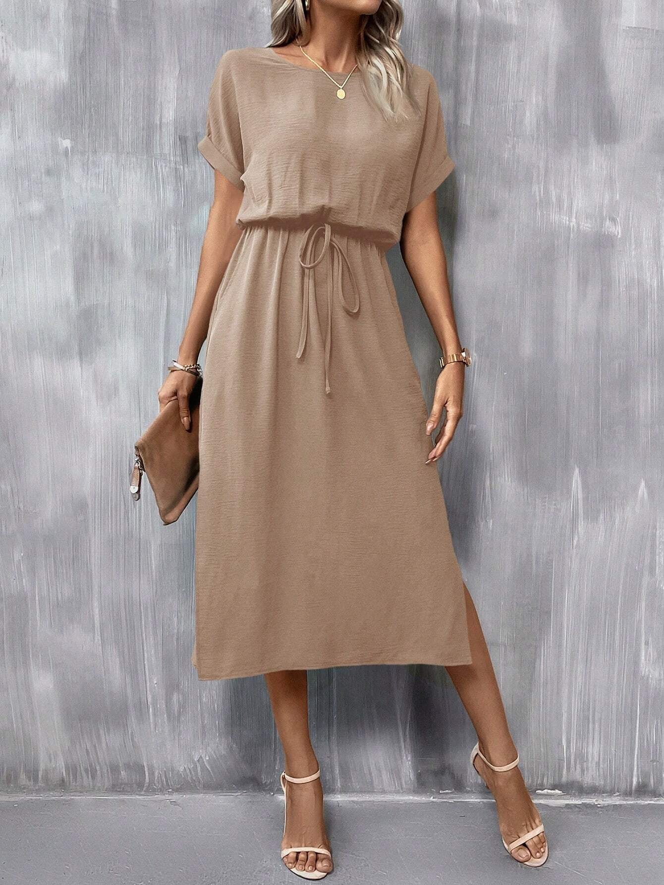 Casual High Waist Round Neck Batwing Sleeve Knot Front Split  Dress