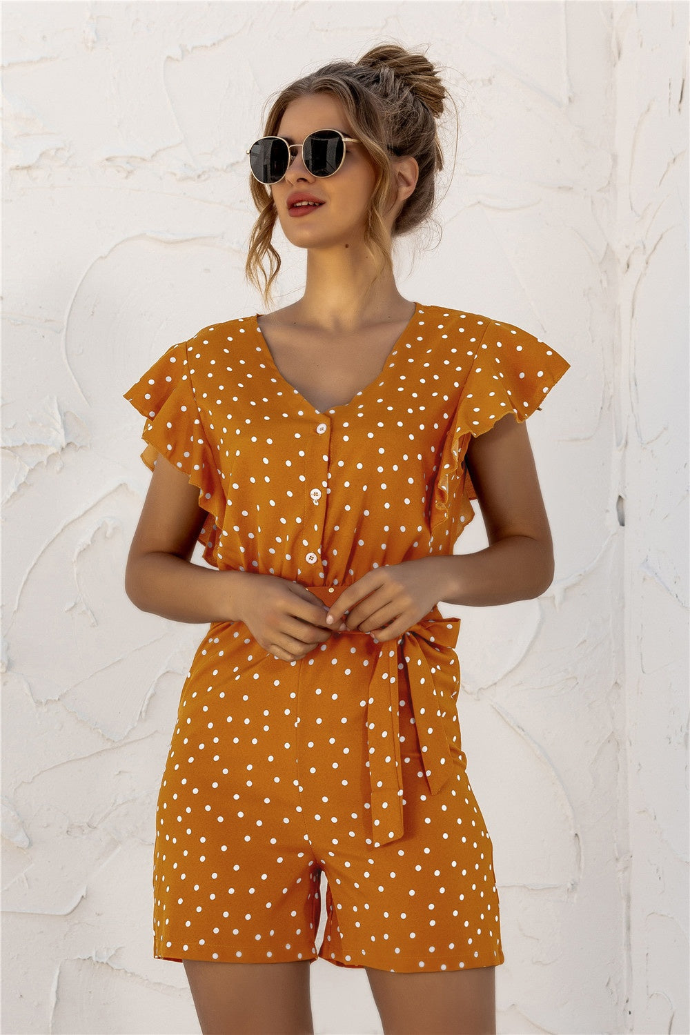 Dotty Vibes Ruffled Polka Dot Half Button Romper