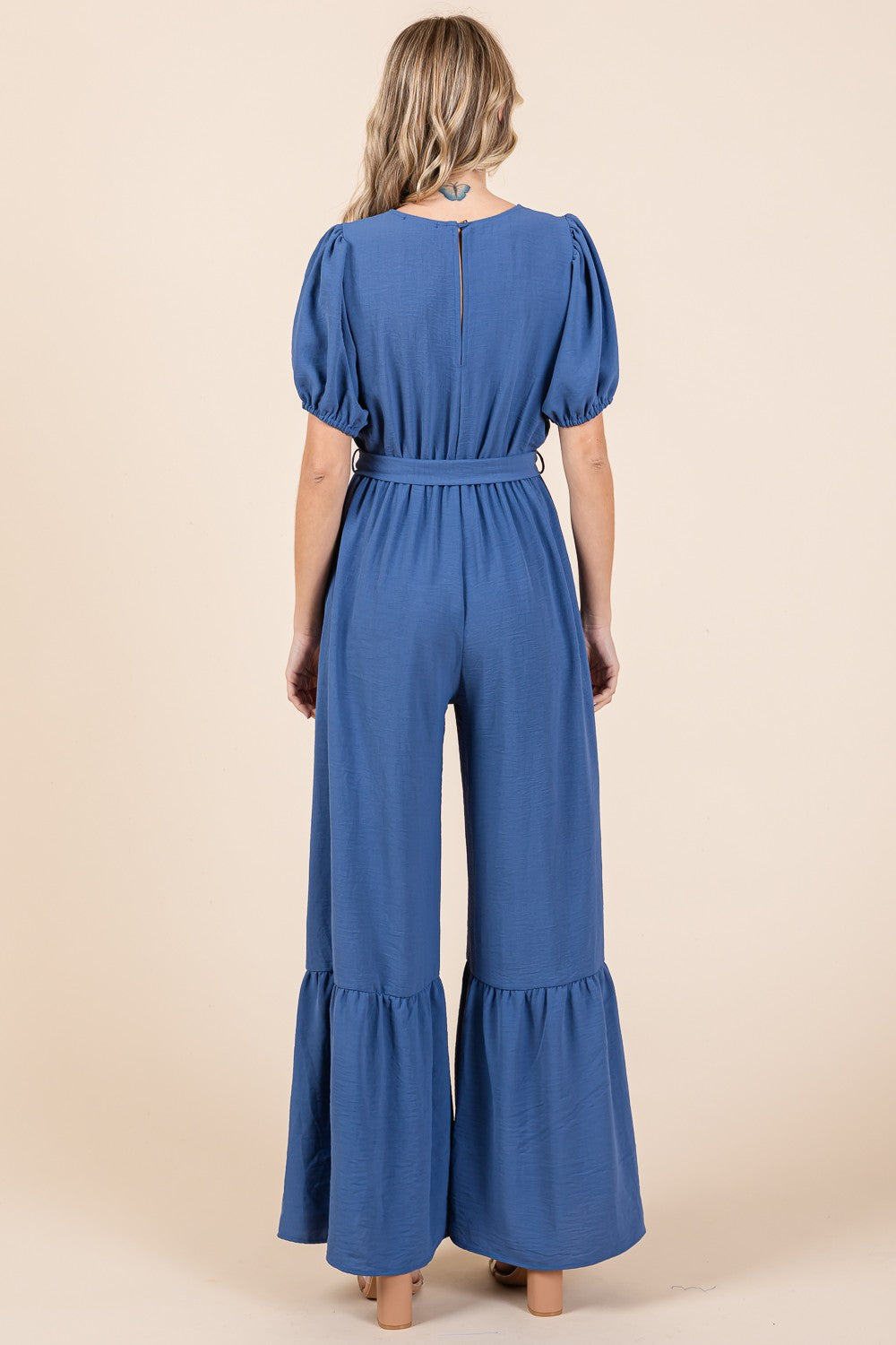 Denim Blue Full Size V-Neck Belted Wide Leg Jumpsuit