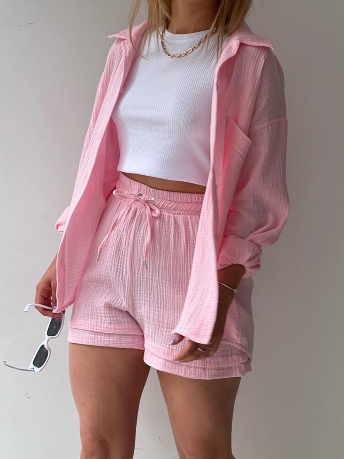 Casual Texture Button-Up Shirt and Drawstring Shorts Set