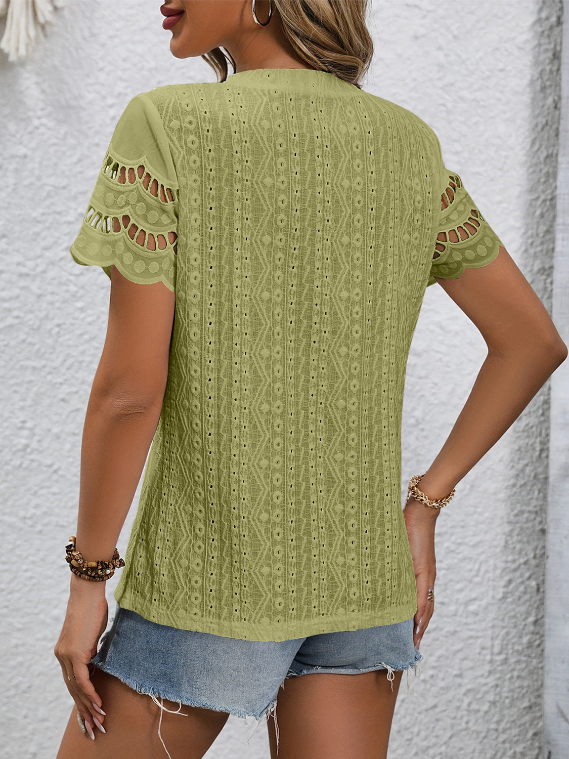 Eyelet Embriodery Round Neck Short Sleeve Top