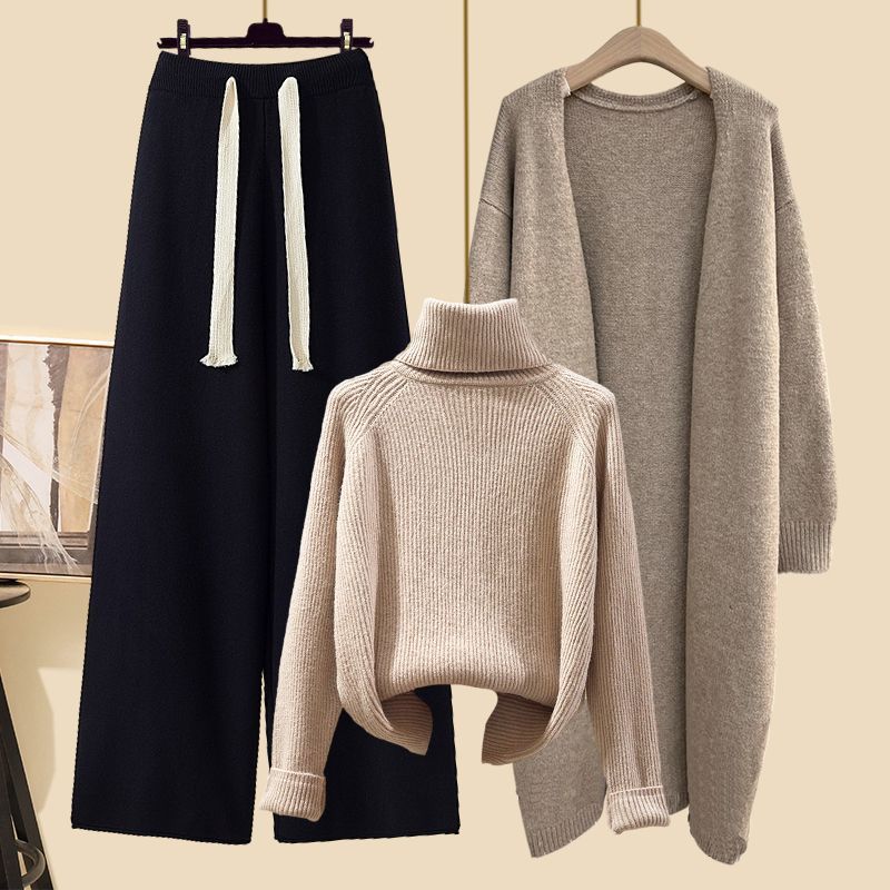 Thickened Knitting Wide-leg Pants with Turtleneck Sweater