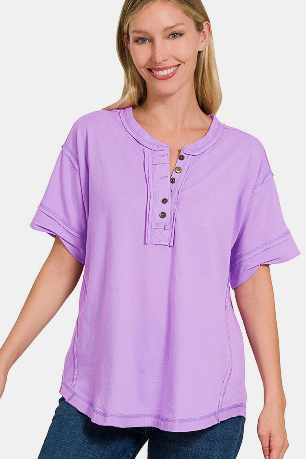 Light Lavender Top with Exposed Seam Half Button & Short Sleeve Top