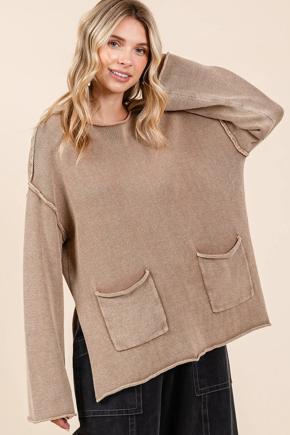 Mineral Wash Patch Pocket Cut Edge Sweater Top