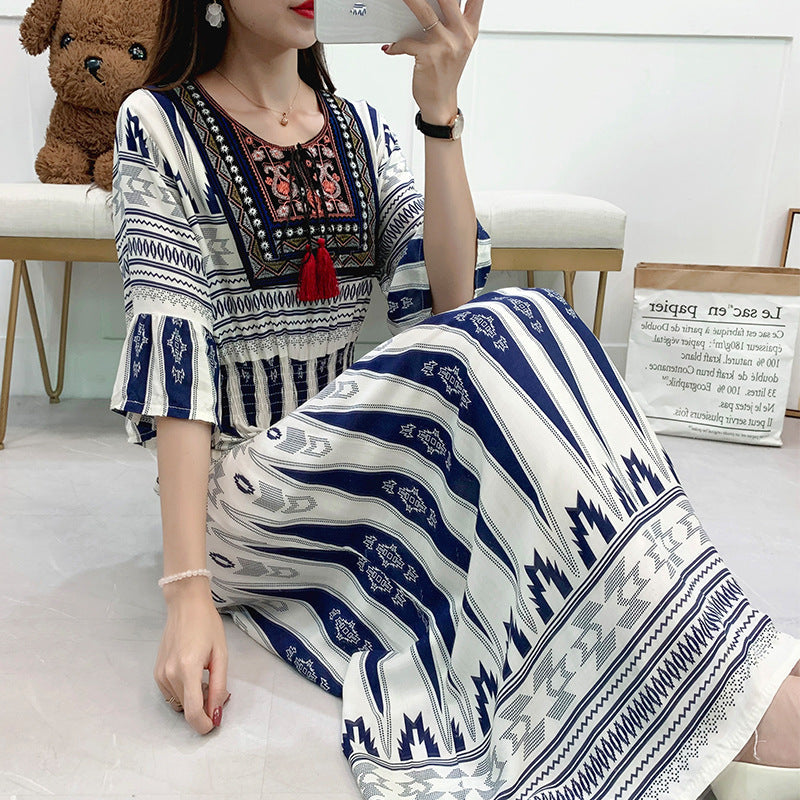 Artsy Crew Neck Ruffle Half Sleeve Silky Dress