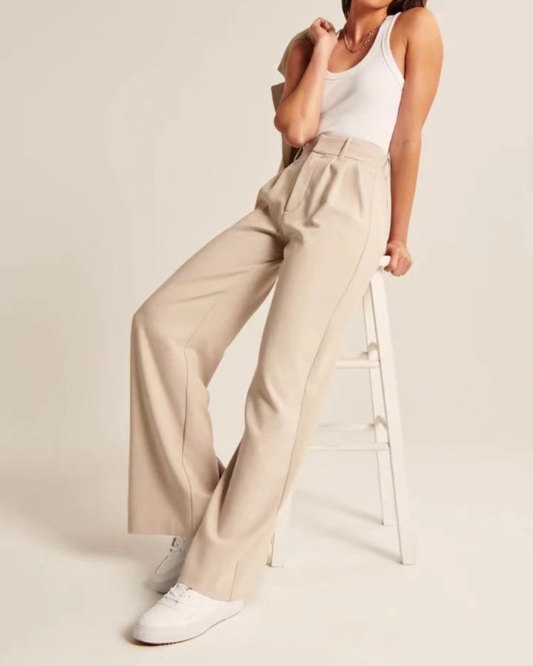 High Waist Straight Trousers With Pockets Wide Leg Pants