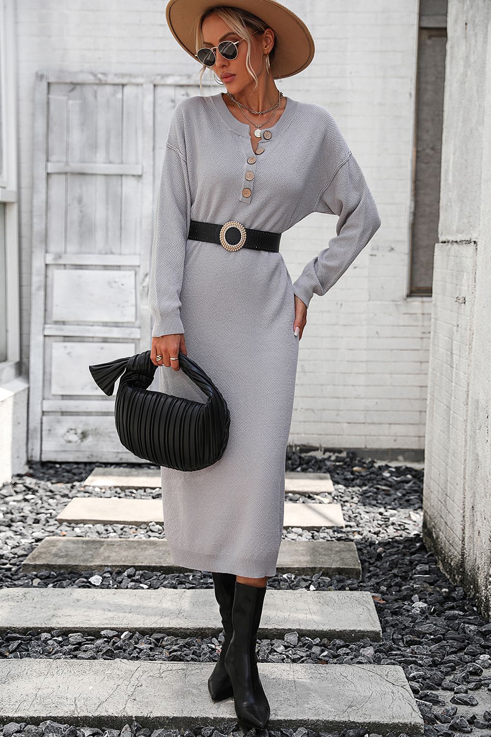 Decorative Button Notched Dropped Shoulder Long Sweater Dress