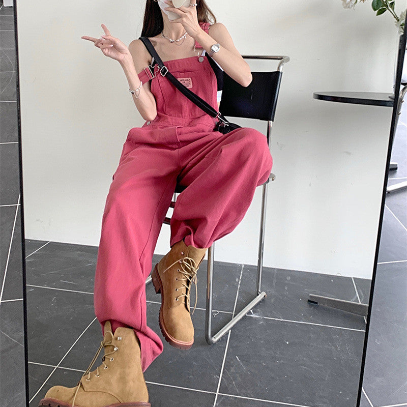 Rose Pink Denim Strap Loose Fitting Overalls