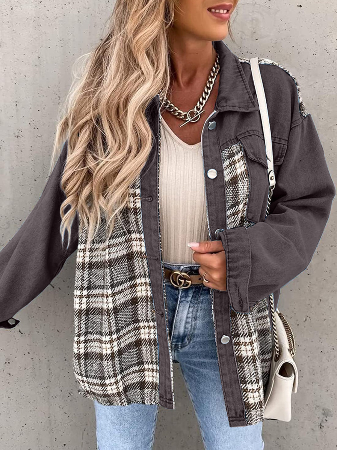 Black White Plaid Button Up Dropped Shoulder Denim Jacket