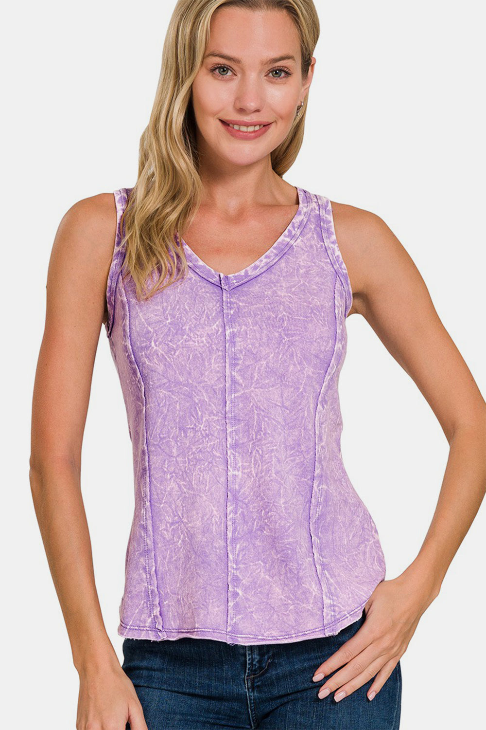 Lavender V-Neck  Wide Strap Tank with Exposed Seam