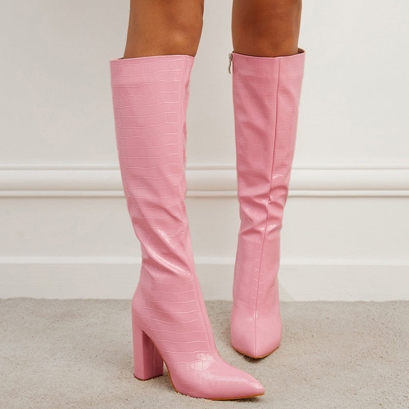 Pointed Toe High Square Heel Mid-calf Boots