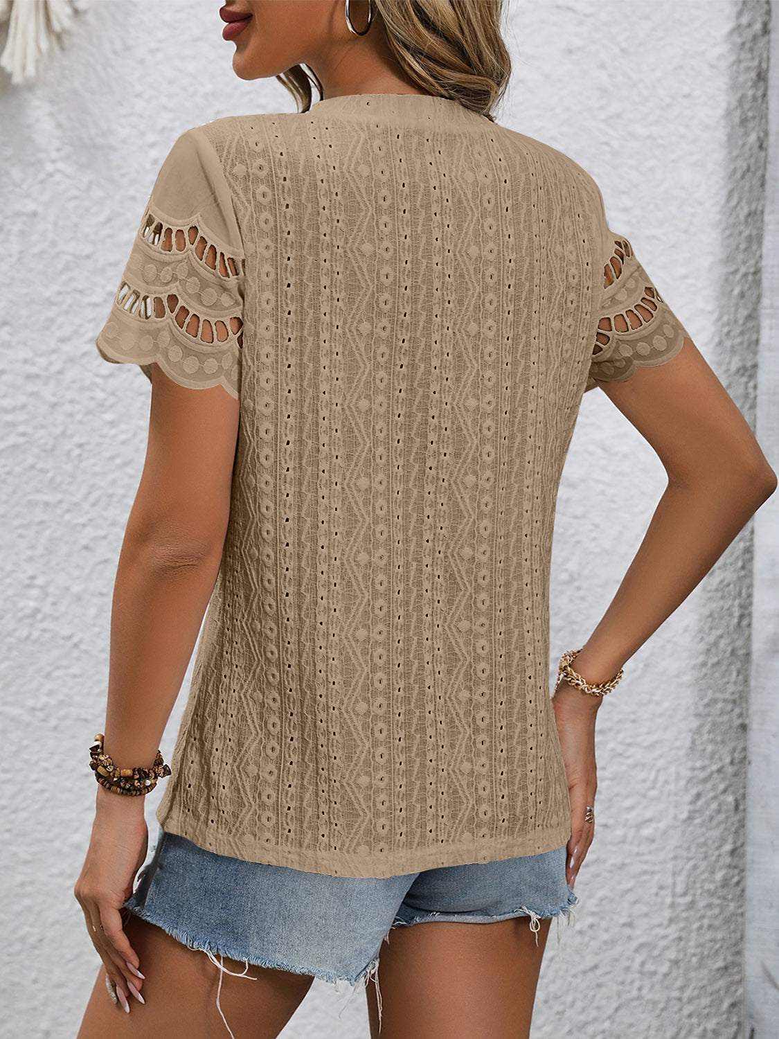 Eyelet Embriodery Round Neck Short Sleeve Top