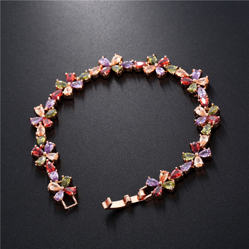 Rose Gold Colorful Flower Petals Zircon Bracelet Women