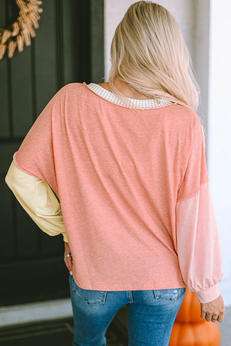 Rose Coral  Multicolor Stripes  V-neck Long Sleeve Top with Pocket