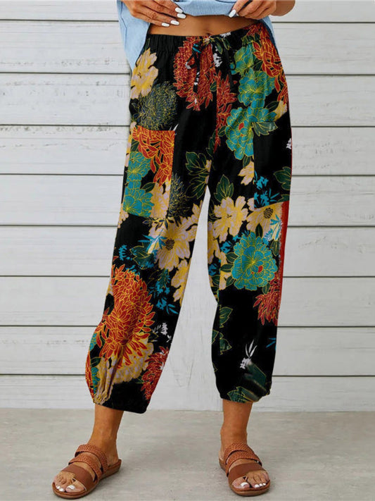 Bohemian Printed Tied Cropped Capris Pants