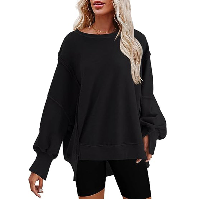 Sweatshirt Loose Round Neck Side Slit Long Sleeves Pullover Top