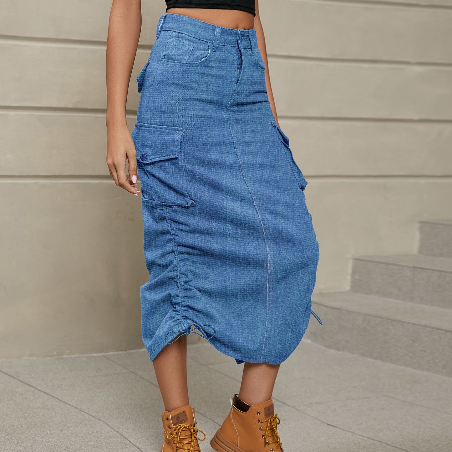 City Scene Drawstring Ruched Denim Midi Skirt