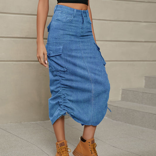 City Scene Drawstring Ruched Denim Midi Skirt