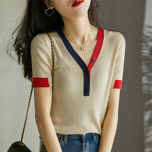 Urban Chic V-neck Blouse with Loose Short Sleeve