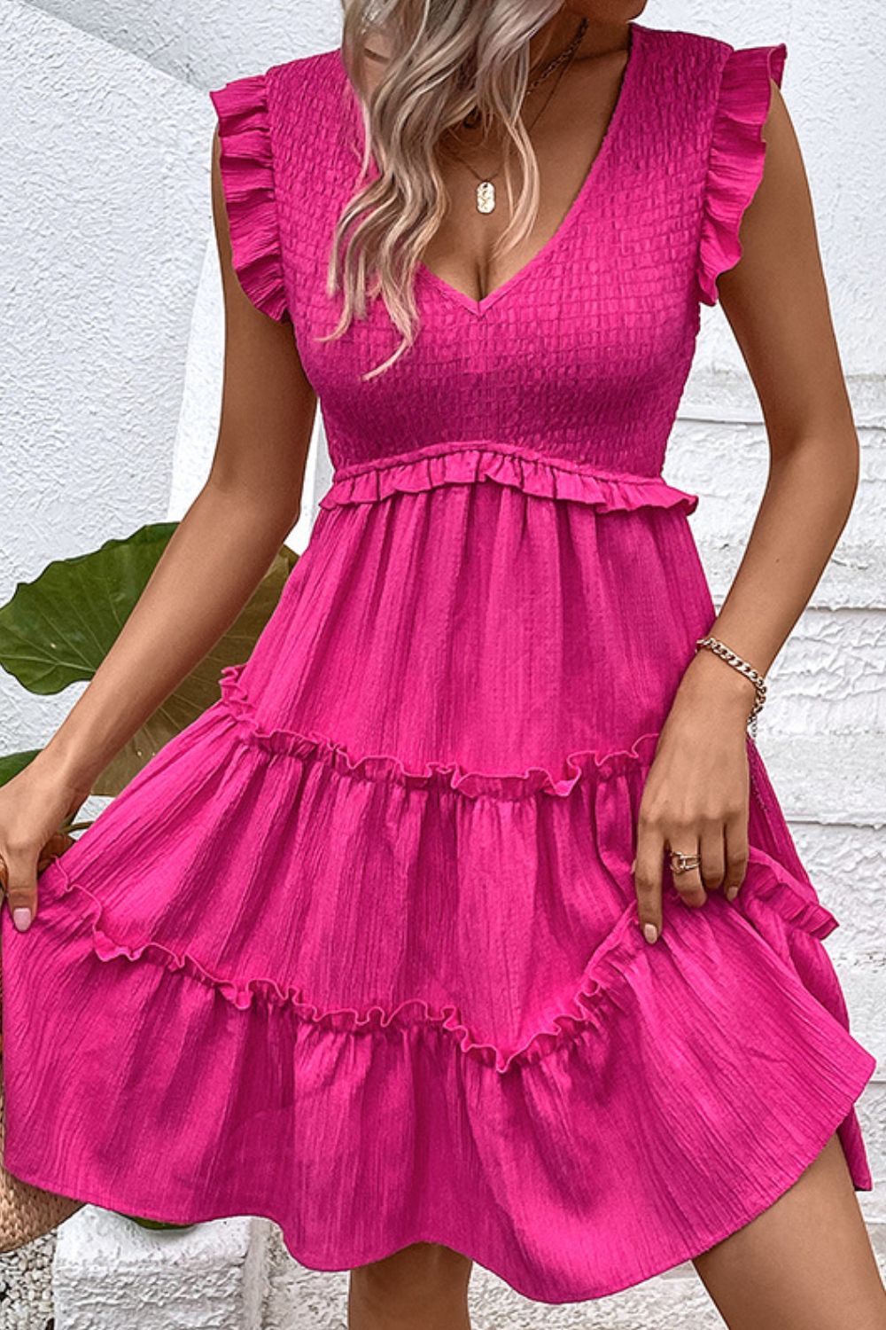 Smocked Frill Trim Deep V Neck Dress