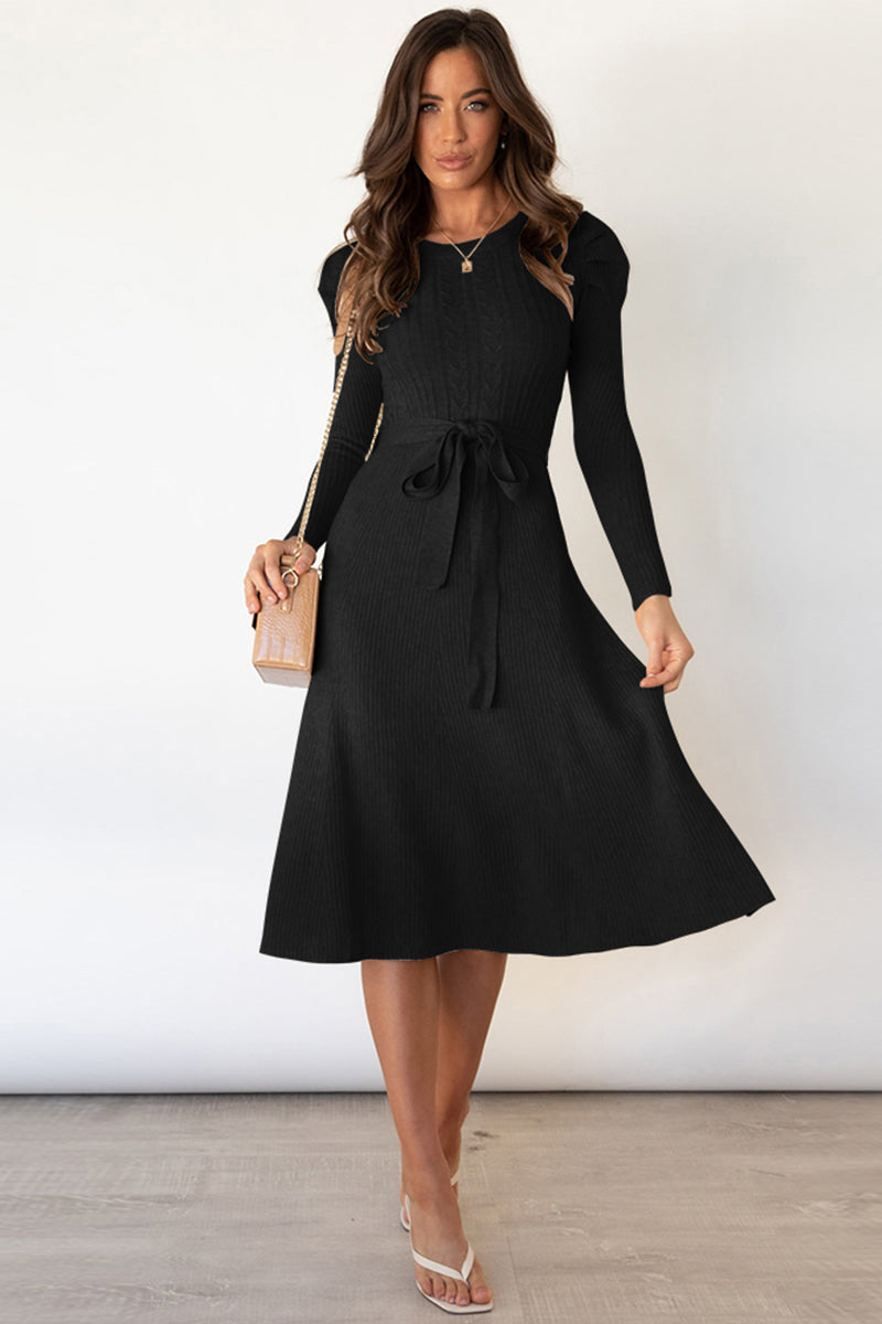 Round Neck Long Sleeve Tie Waist Midi Sweater Dress