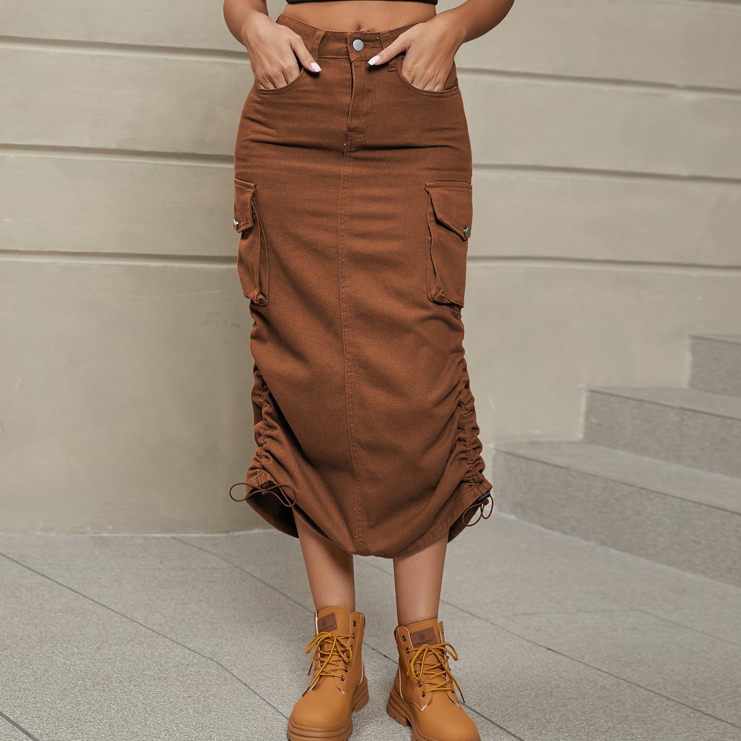 City Scene Drawstring Ruched Denim Midi Skirt