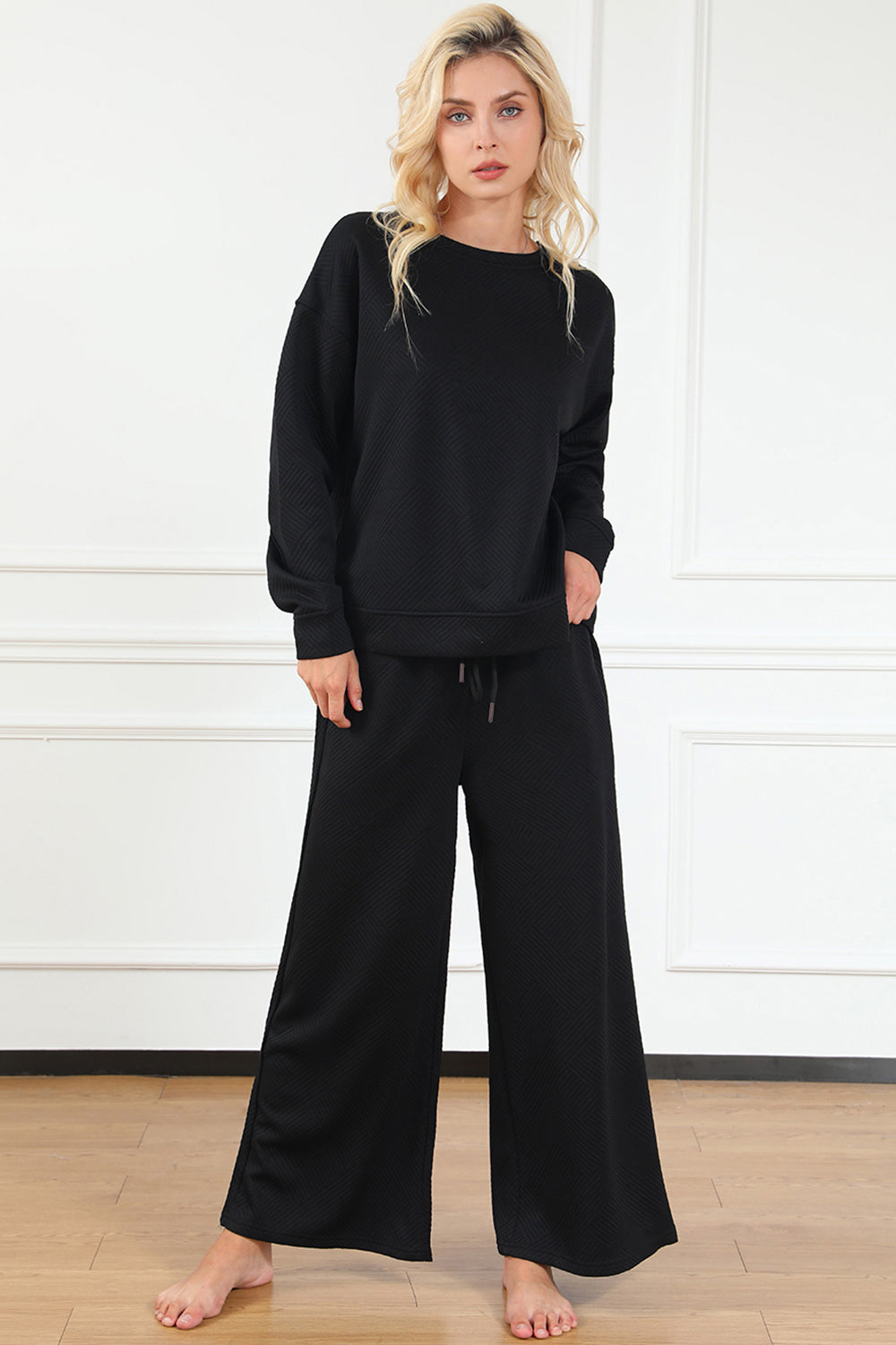 Luxe Loungewear Textured Long Sleeve Top and Drawstring Pants Set