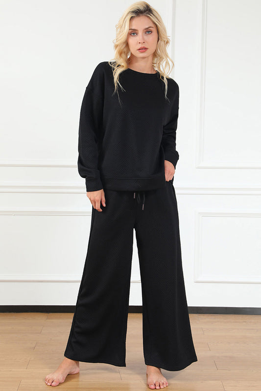 Luxe Loungewear Textured Long Sleeve Top and Drawstring Pants Set