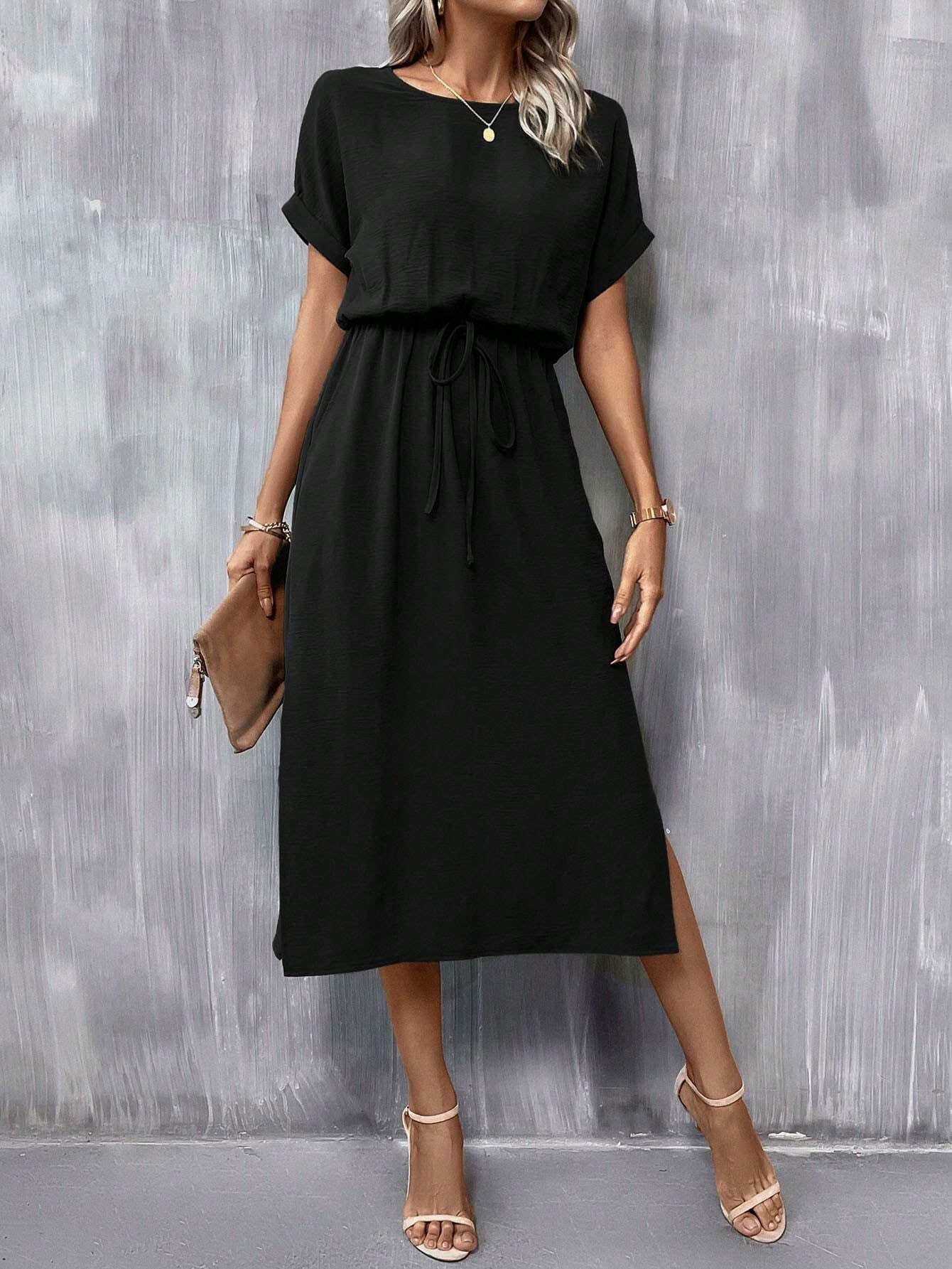 Casual High Waist Round Neck Batwing Sleeve Knot Front Split  Dress