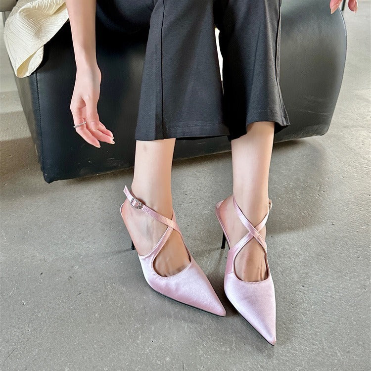 Satin Pointed Toe Adjustable Ankle Cross Strap High Heels
