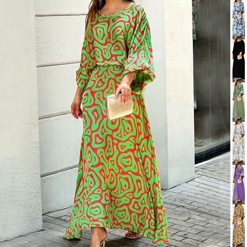 Fashion Loose Printed 2-Pcs  Set with Long Sleeve Top & High Waist Long Skirt