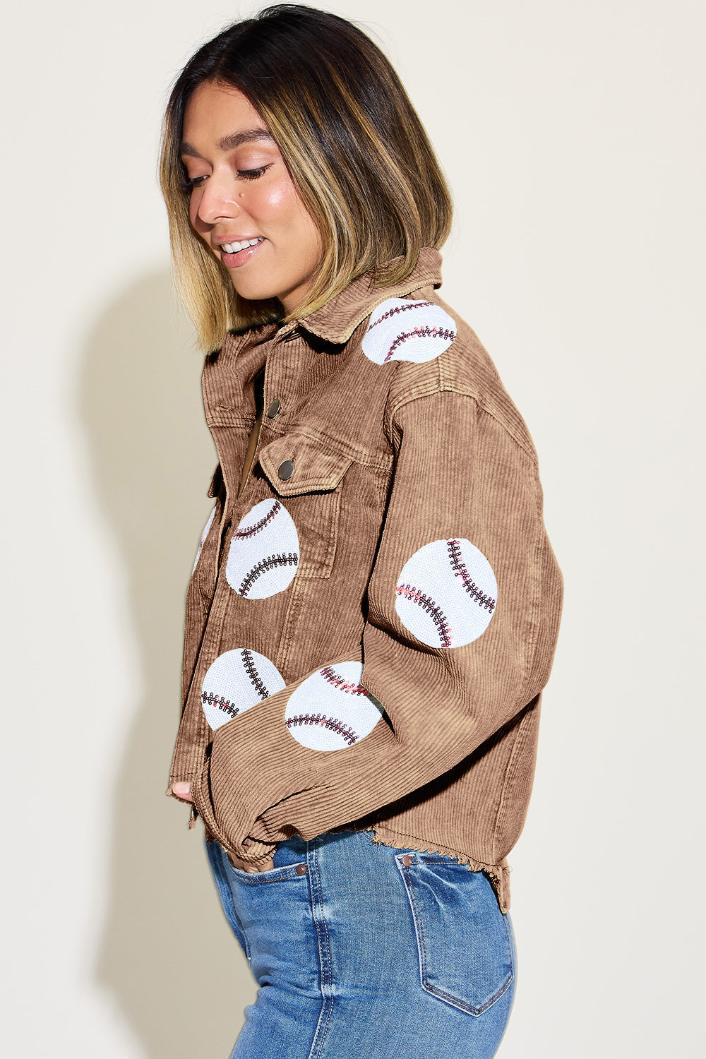 Home Run! Baseball Sequin Dropped Shoulder Raw Hem Jacket