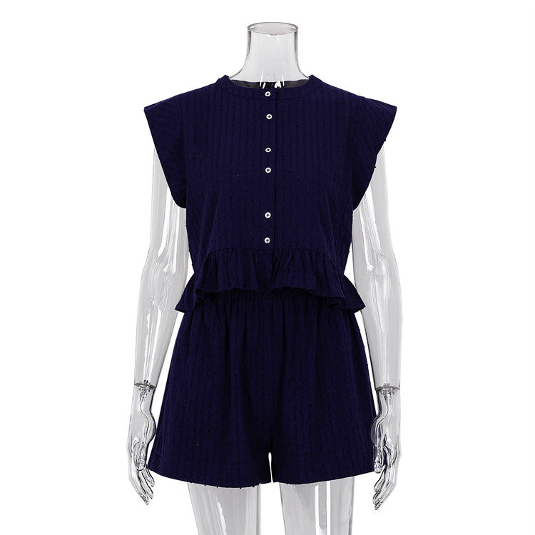 Jacquard Short Sleeve Shirt Simple Shorts 2-Piece Set