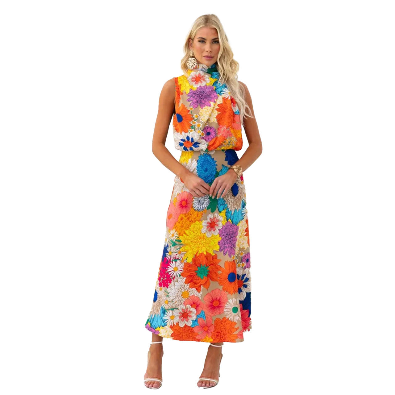 Lucky Floral Sleeveless Halter Waist-Tight Long Dress