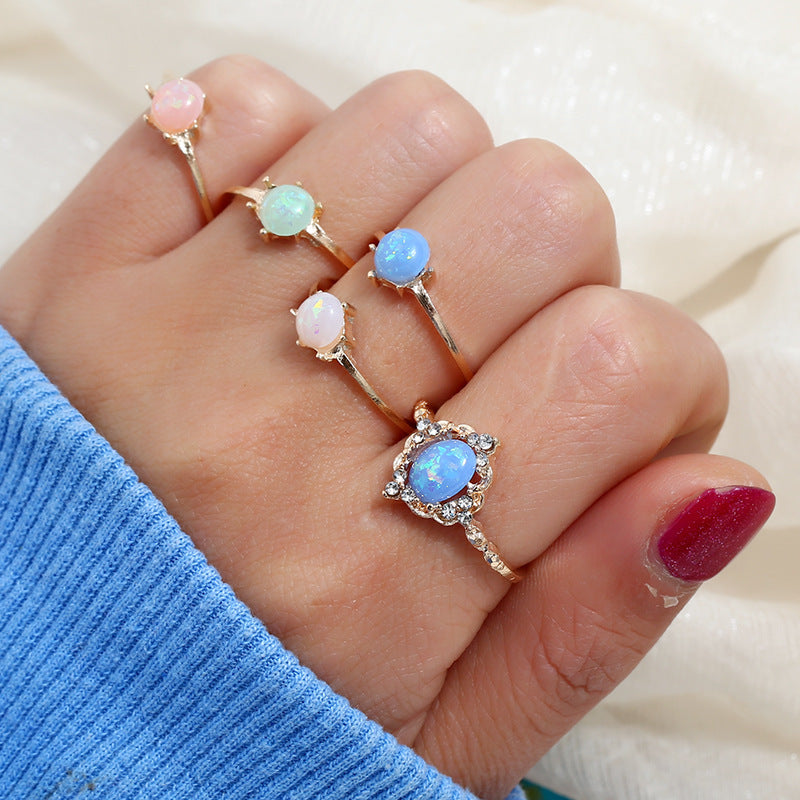 Opal Candy Color Gold Ring Set - 5 Ring Set - Adjustable.