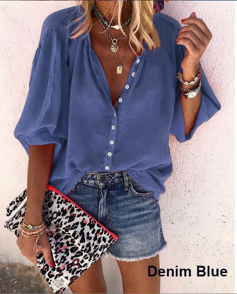 Plain Button Down V Neck Loose Shirt