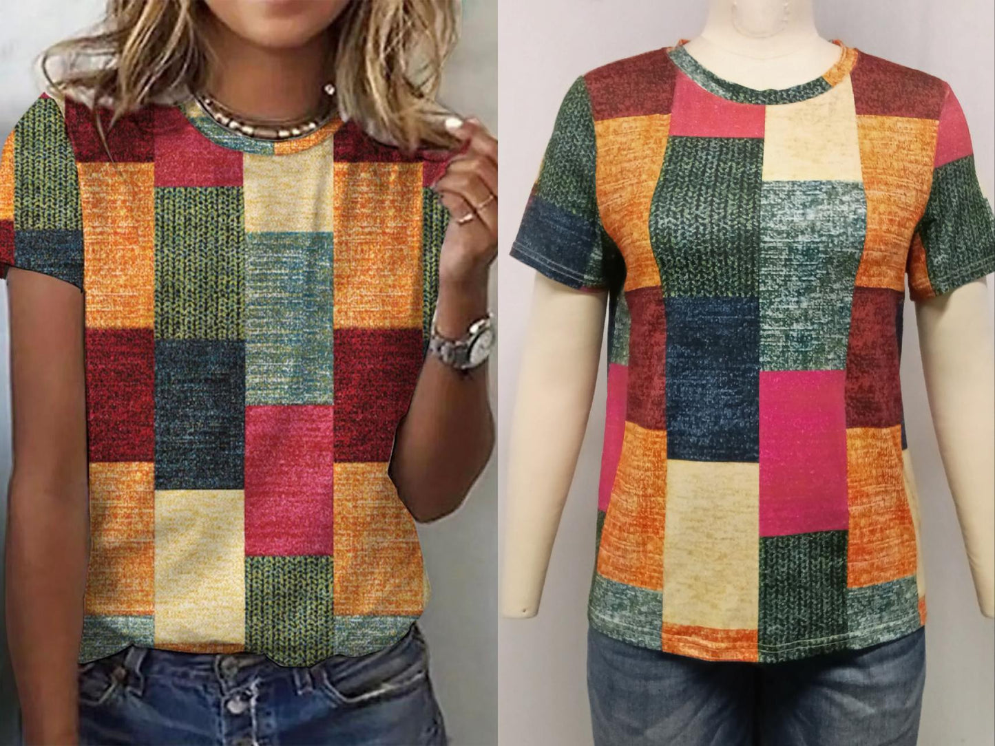 Checkered Short Sleeve Round Neck Top with Contrast Color