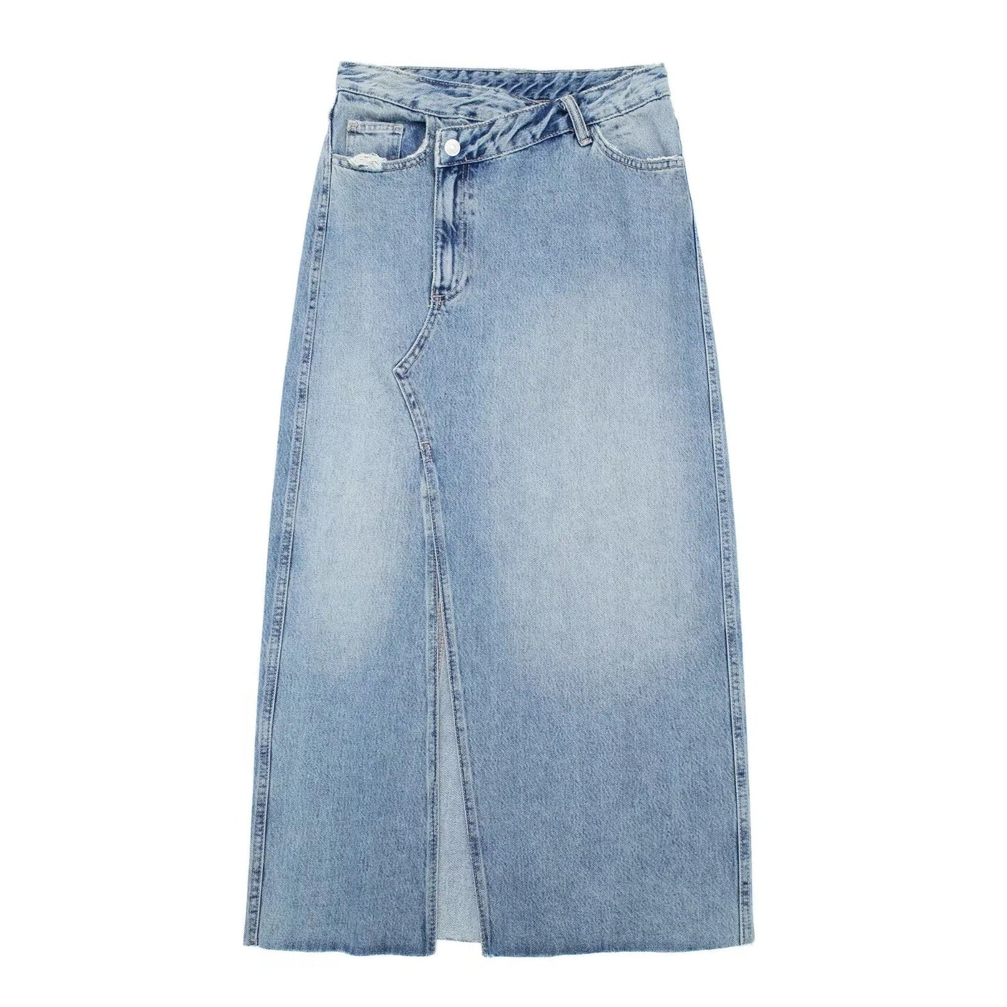 Blue Denim  Diagonal Patchwork Mid Rise  Skirt