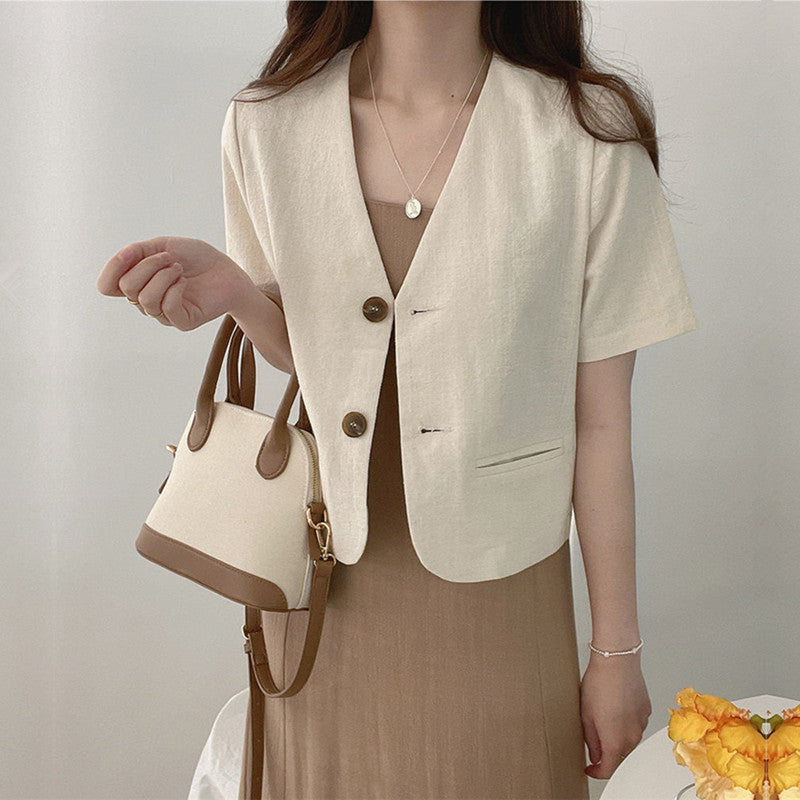 Simple Deep V-neck Cotton Linen Casual Jacket