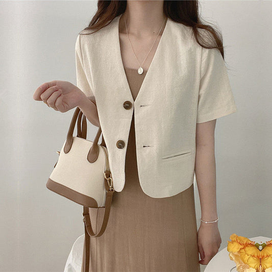 Simple Deep V-neck Cotton Linen Casual Jacket