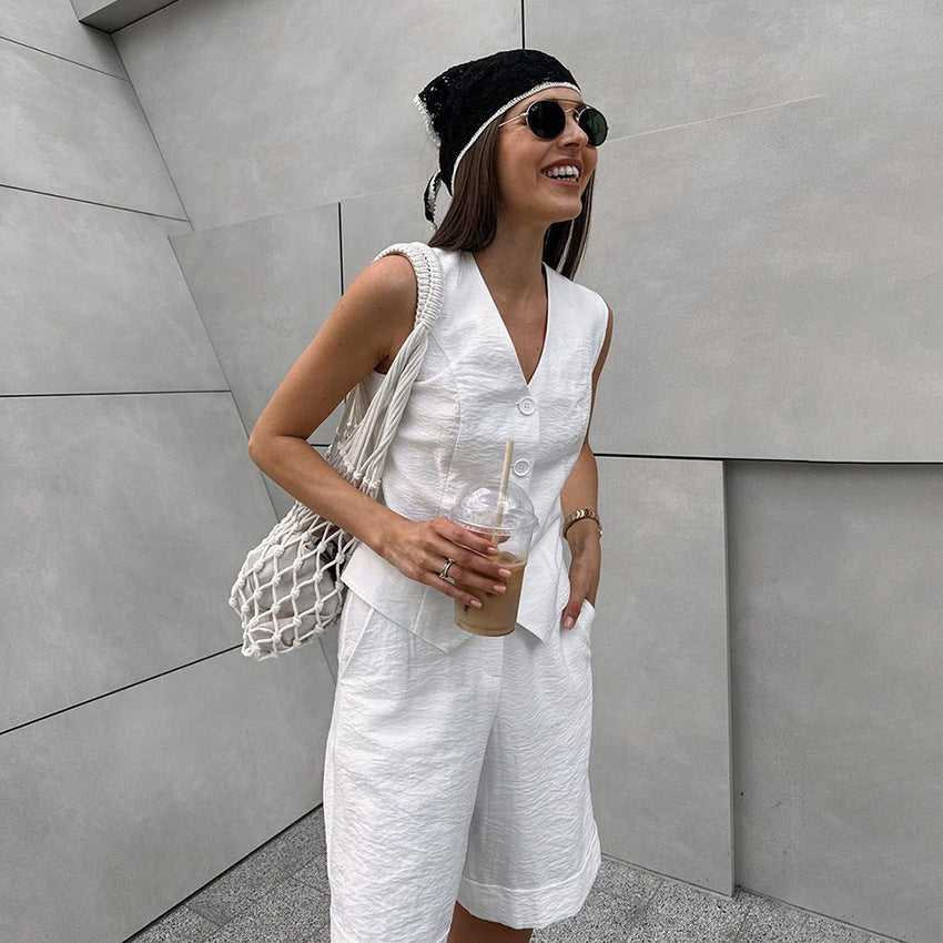 White Two-piece Set with White Sleeveless Vest & Short Shorts
