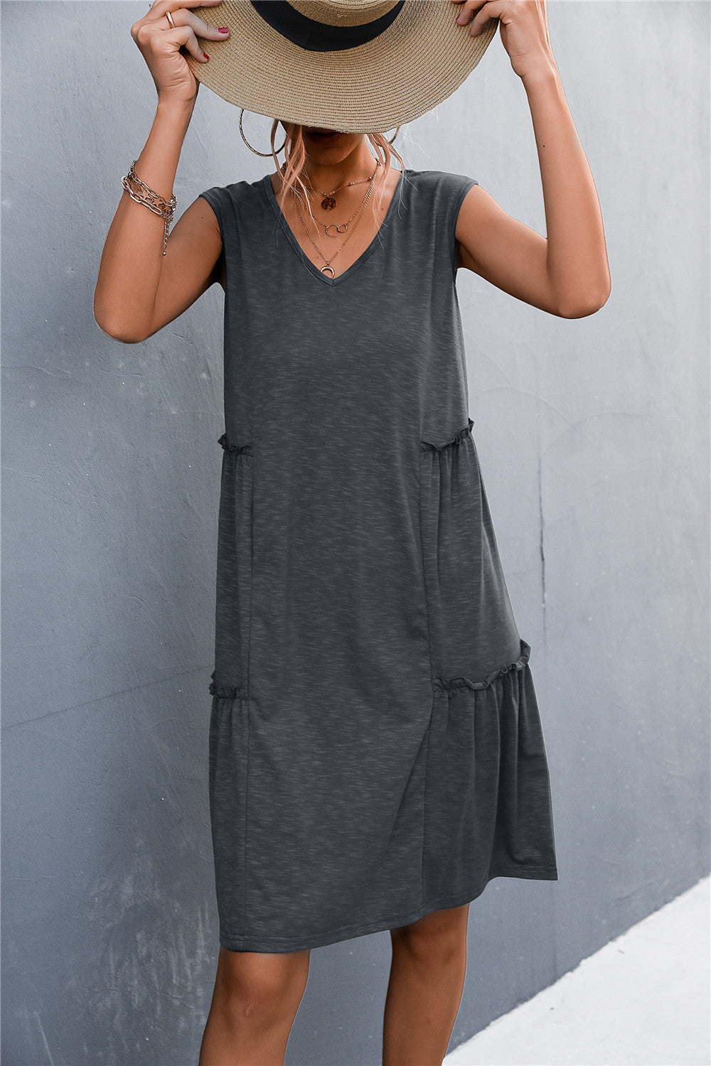 Casual  Chic Style  V-Neck Frill Trim Sleeveless Dress