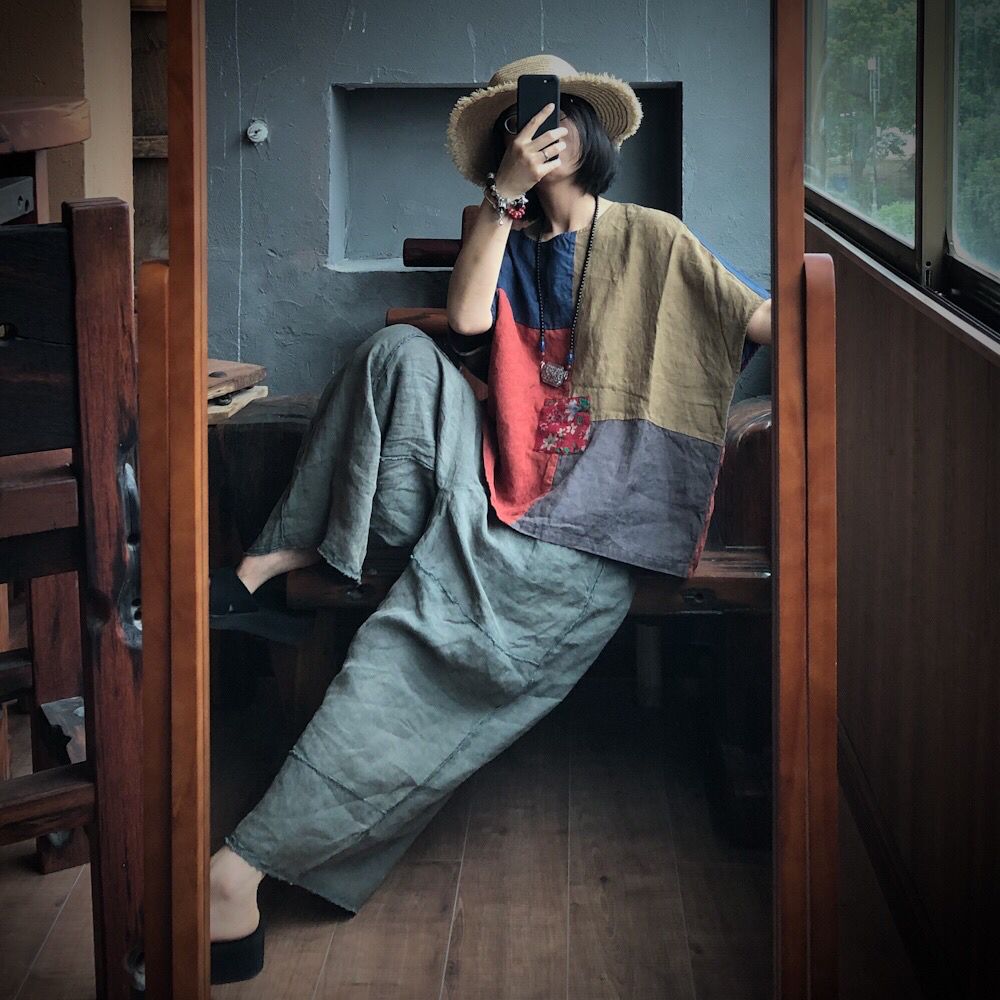 Vintage Patchwork Linen Loose 2 Piece Casual Set