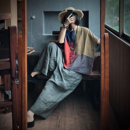 Vintage Patchwork Linen Loose 2 Piece Casual Set