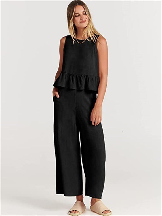 Summer Sleeveless Top Wide-leg Cropped Pants Two Piece Sets