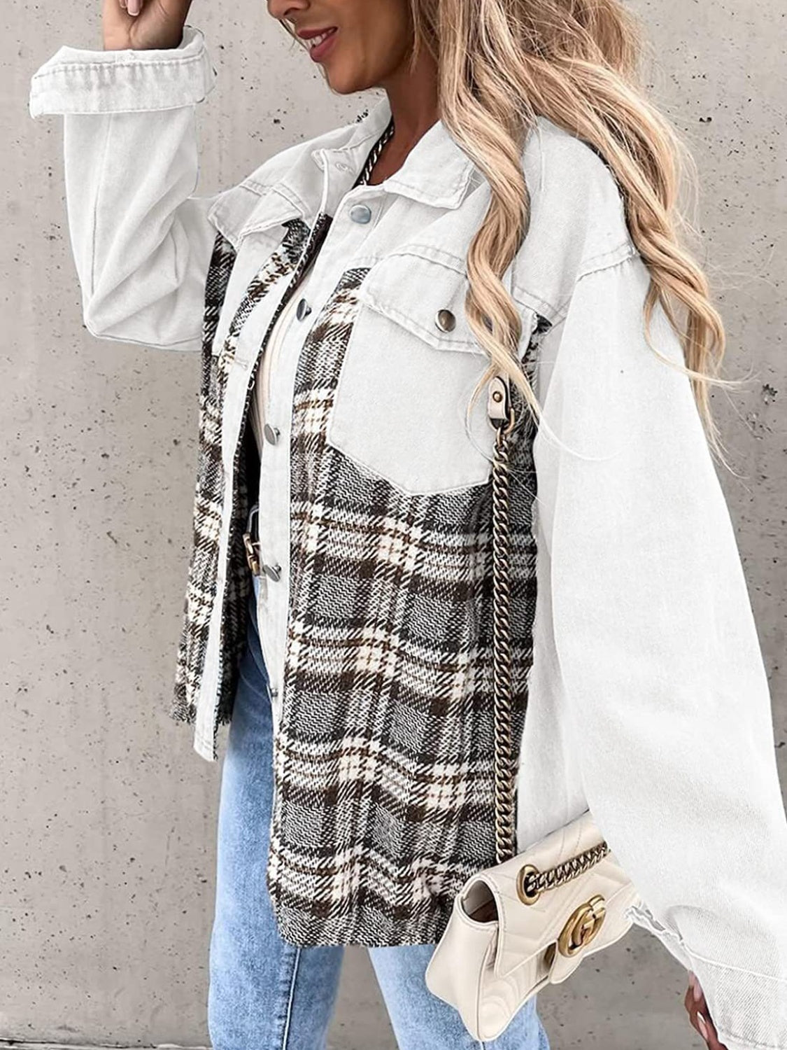 Black White Plaid Button Up Dropped Shoulder Denim Jacket