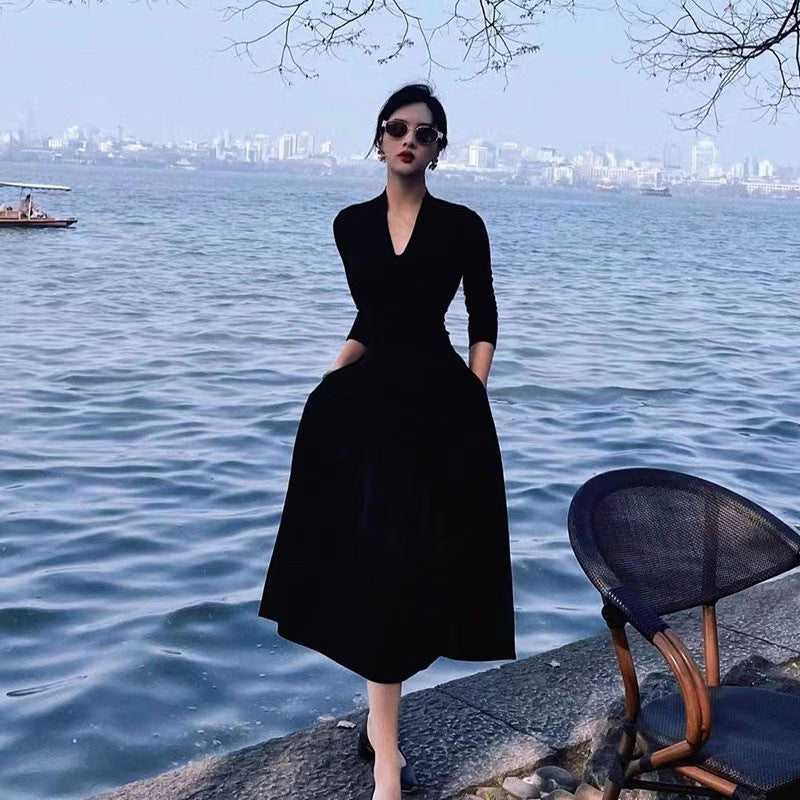 Brocade Cotton Black Evening Slimming V-neck Dress with  Half Sleeve