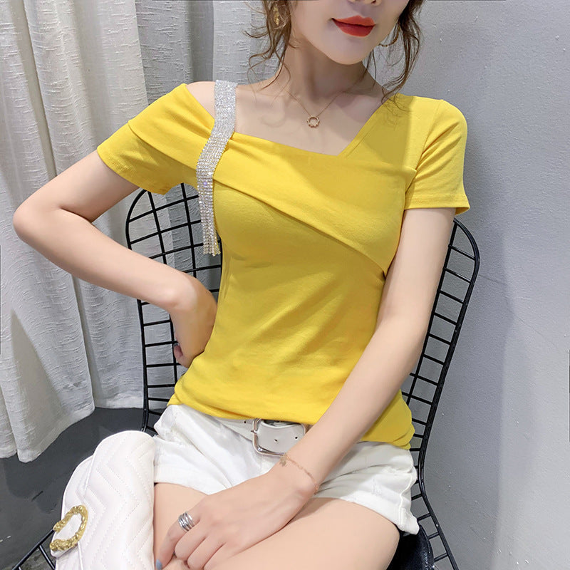 Summer Slim Diagonal Collar Top with Short Sleeve